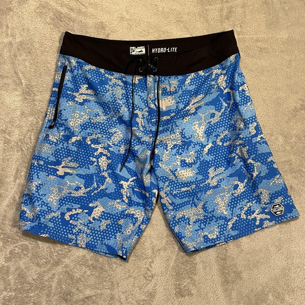 Pelagic Hydro-Lite Board Shorts Mens 38 Blue Camo Swim Trunks Offshore